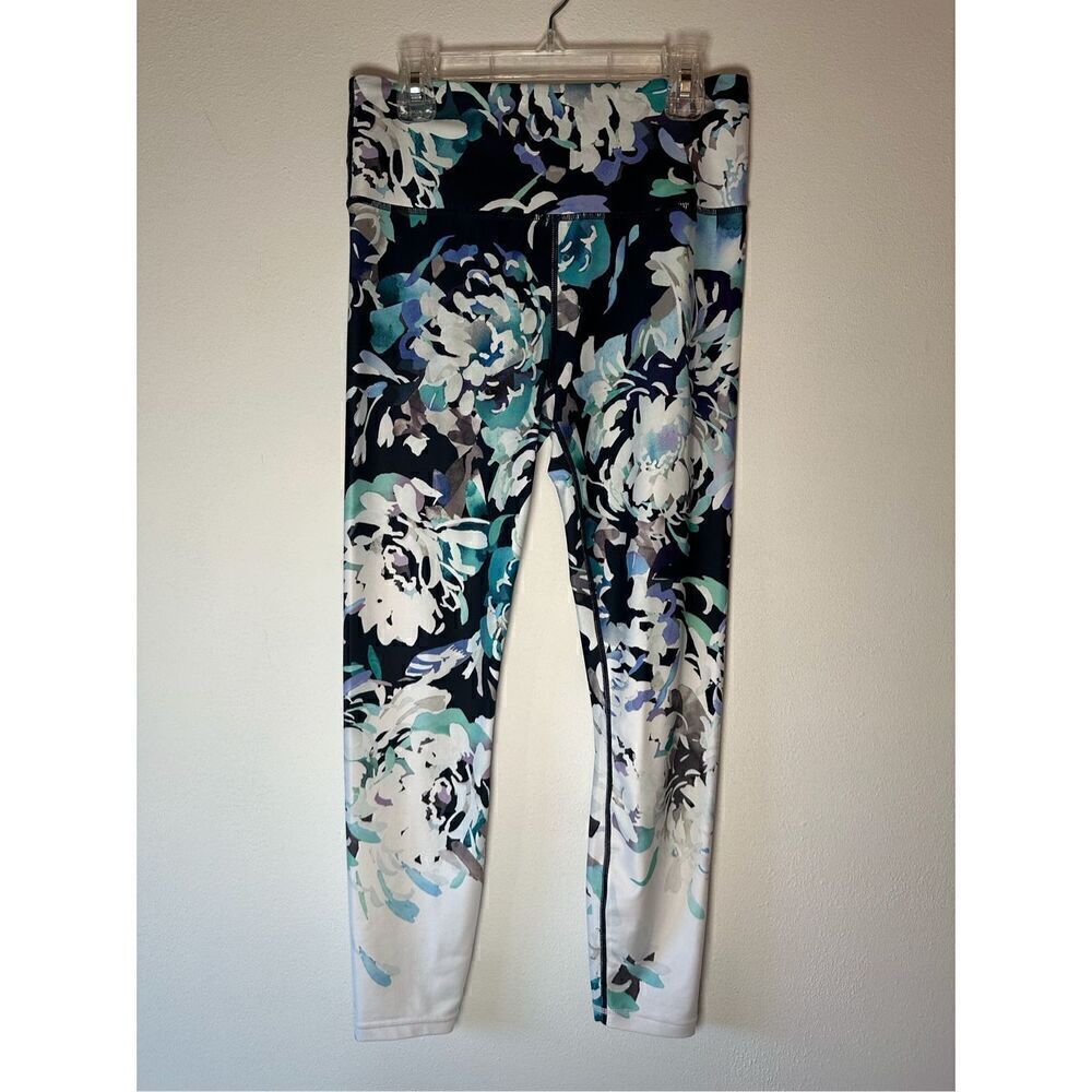 Athleta women’s black gray white aqua floral leggings size Small #44-1358